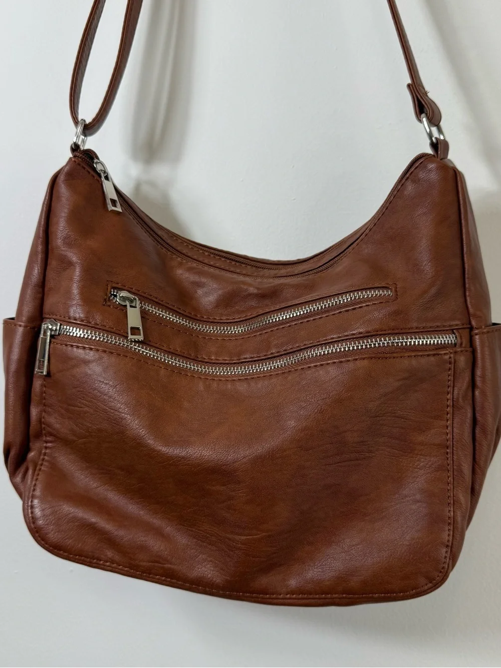 Sam & Hadley Brown Vegan Leather Multi-Pocket Slouchy Crossbody Shoulder Bag